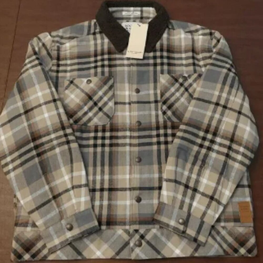 Scotch & Soda Sherpa Lined Plaid Flannel Jacket Tan Brown Mocha Men's Size L